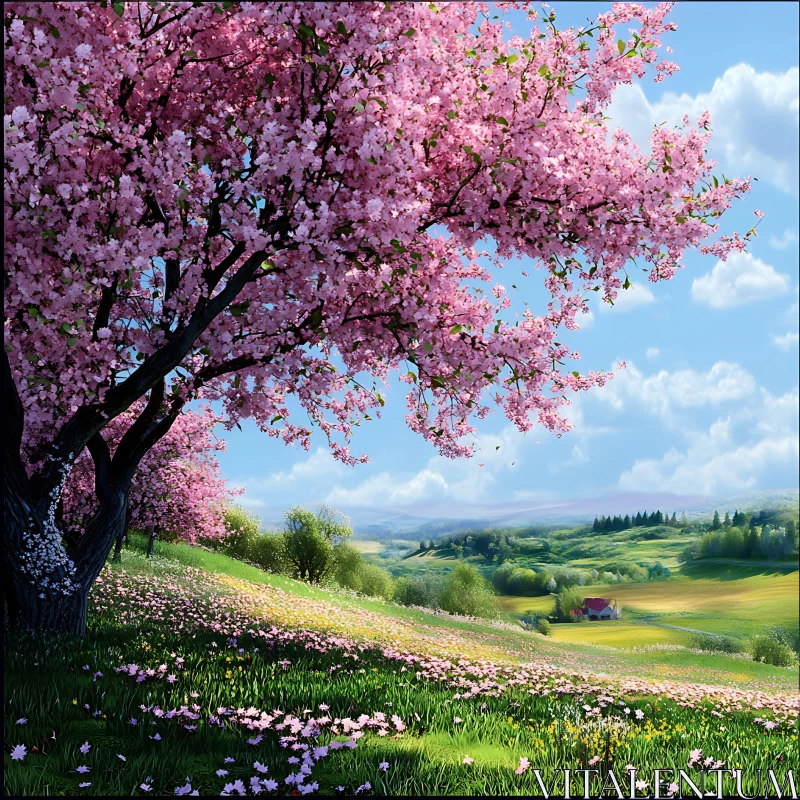 Spring Meadow with Blossoming Tree and Flowers