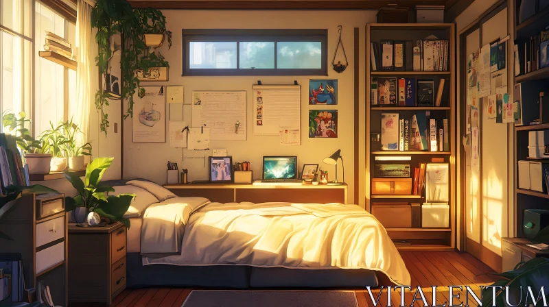 Cozy Bedroom Interior with Sunlight and Bookshelves AI Image