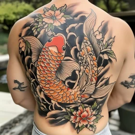 Detailed Back Tattoo of a Koi Fish