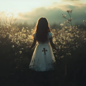 Child in White Dress Among Flowers