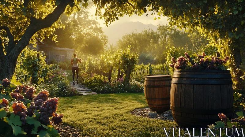 Woman Jogging in Sunny Vineyard