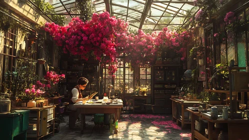 Botanical Interior with Person Working