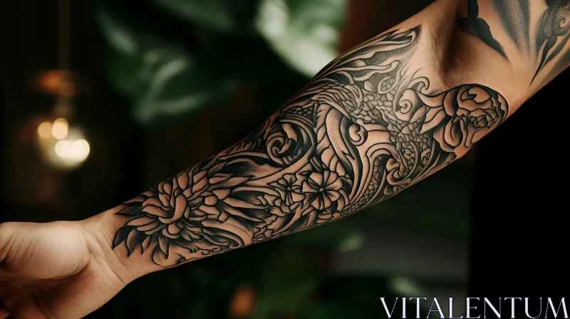 Detailed Black Floral Tattoo on Arm