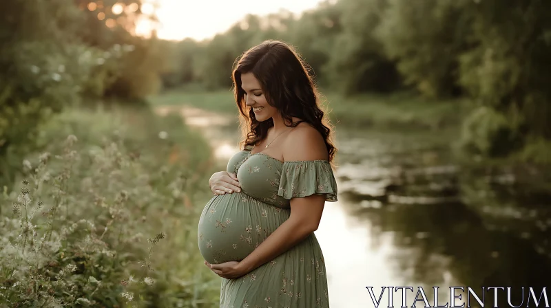 Pregnant Woman in Floral Dress by River
