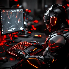 Cybernetic Figure in Advanced Armor Using Computer