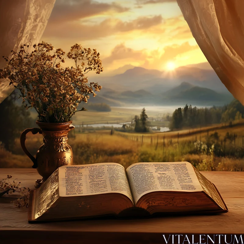 Golden Hour Still Life with Book and Flowers