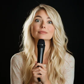 Woman Holding Microphone on Black Background