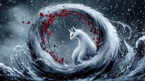 Winter Fox with Red Blossom