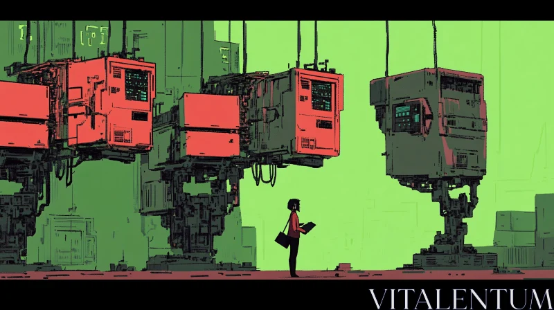 Sci-Fi City with Person and Robots AI Image