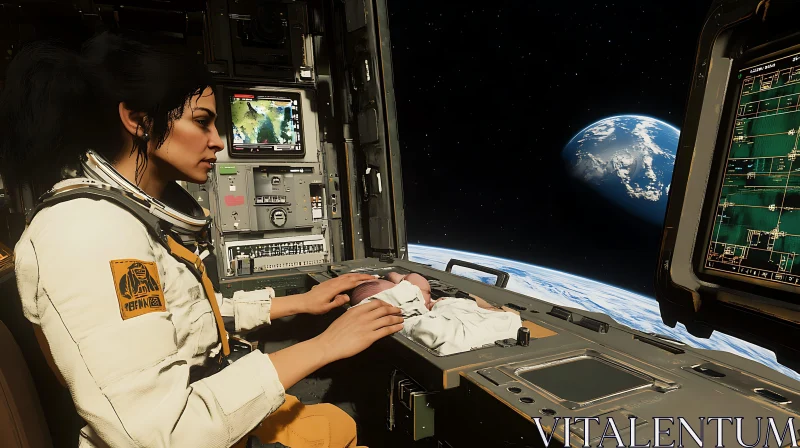 Spacefaring Mother with Child Above Earth