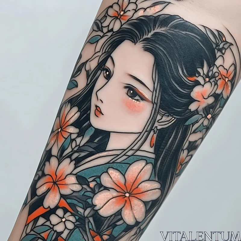 AI ART Elegant Anime-Inspired Floral Tattoo