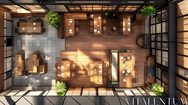 Top-View of Cozy Restaurant with Wooden Tables