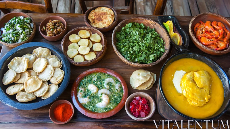 Artistic Arrangement of Various Dishes on a Wooden Table