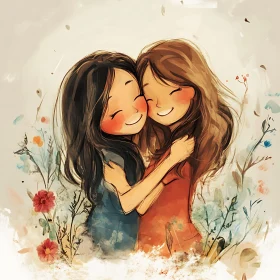 Illustration of Two Girls Hugging