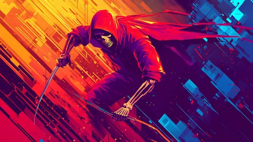 Hooded Skeleton Figure with Abstract Background