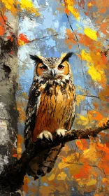 Owl Perched Among Autumn Leaves