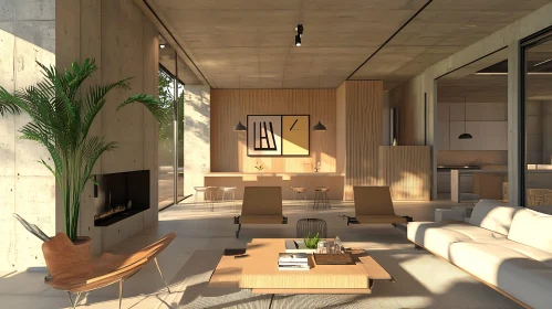 Sunlit Modern Interior with Wooden Accents