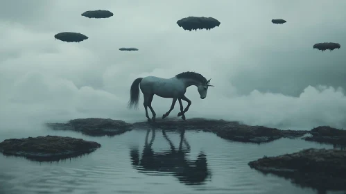 Mystical Unicorn on Water with Floating Islands