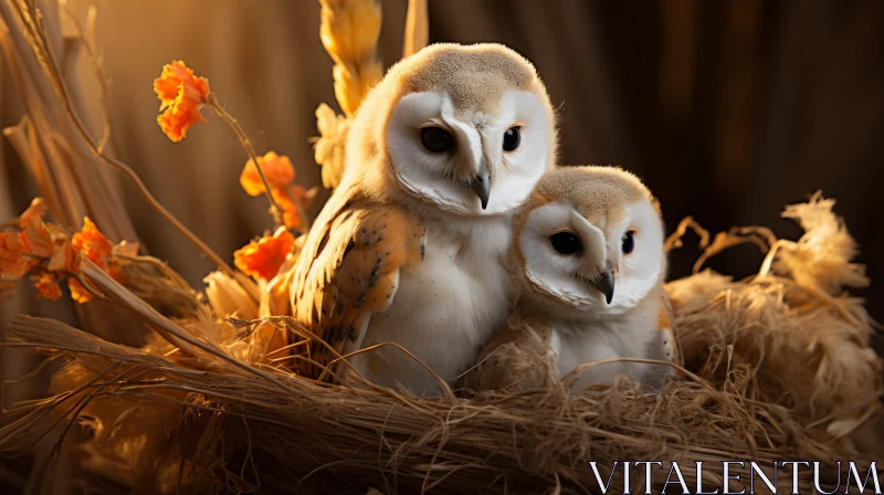 Barn Owls in Nest: A Warm, Backlit Still Life AI Image
