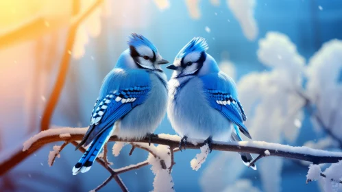 Blue Birds on Snowy Branch: A Romantic Illustration