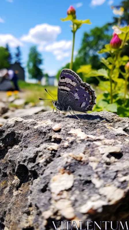 Butterfly on Rock: A Swiss Styled Nature's Tale AI Image