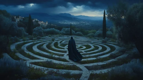 Cloaked Figure in Labyrinth at Night
