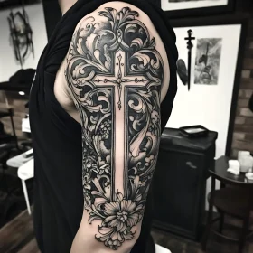 Intricate Cross and Floral Tattoo on Arm