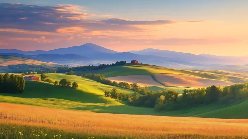 Green Hills and Sunset Landscape