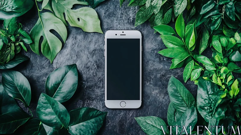 Mobile Device Surrounded by Green Leaves