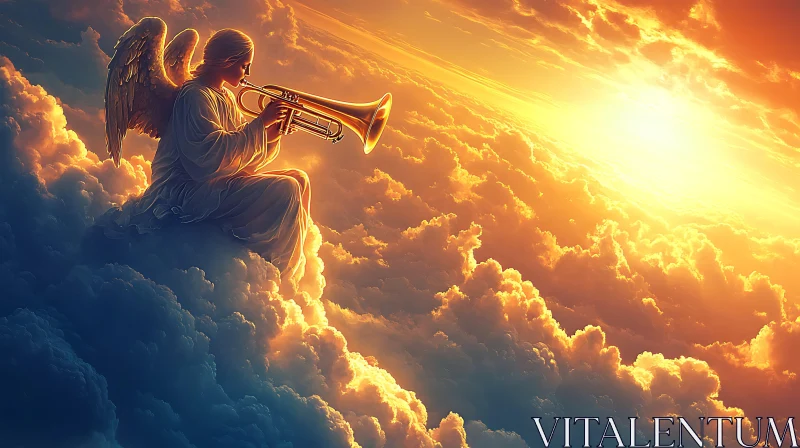 Celestial Angel Playing Trumpet in the Sky