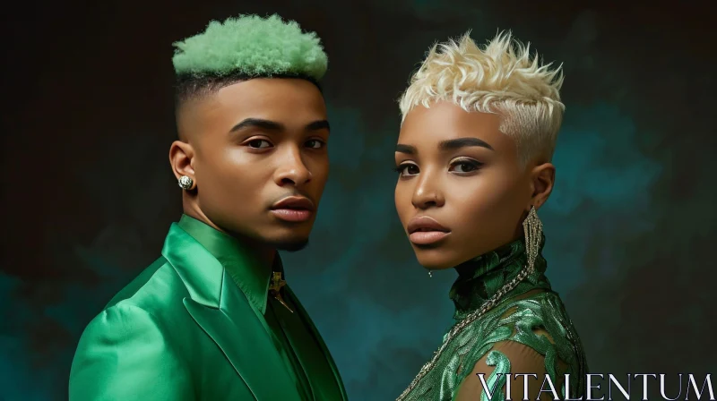 AI ART Green Attire Portrait: Captivating Young Man and Woman