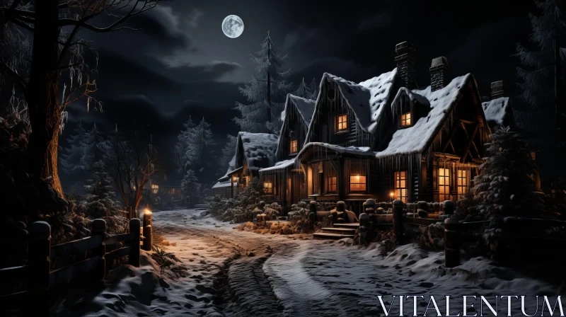 Moonlit Winter Night with Snow-Covered Cottage AI Image