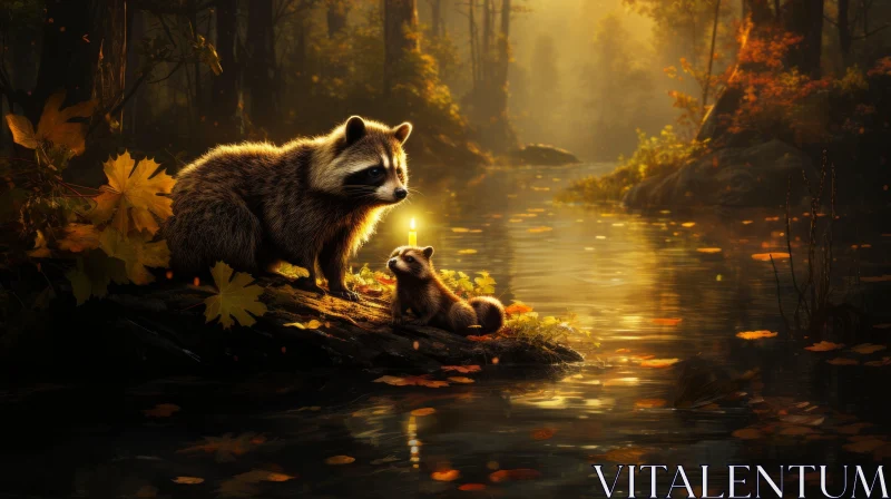 Raccoons by the Lake at Sunset - A Charming Pencil Art Illustration AI Image