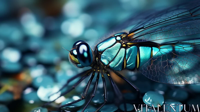 Spellbinding Close-Up of Blue Dragonfly Amidst Dew Drops AI Image