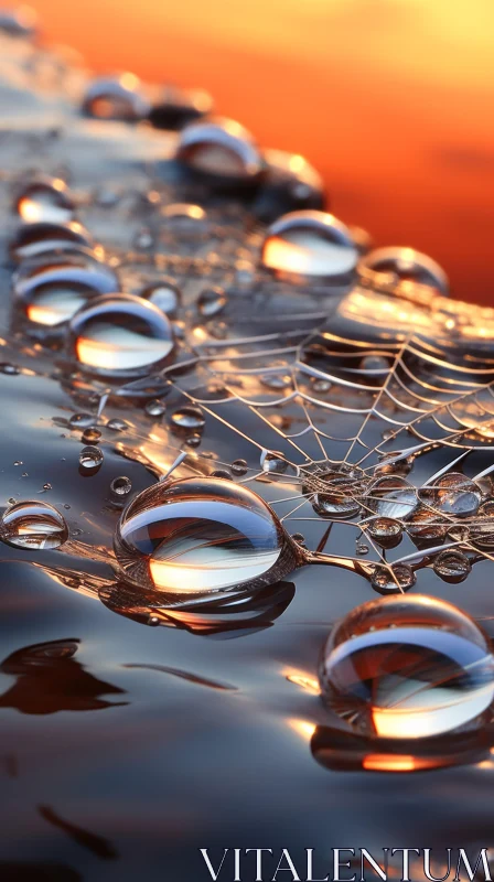 Sunset Scene with Water Drops on Spider Web AI Image