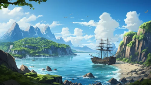 Tranquil Pirate Ship Sailing Near Rocky Coast – Anime Art