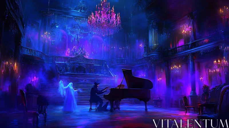 Ghostly Piano Recital in a Spectral Ballroom AI Image