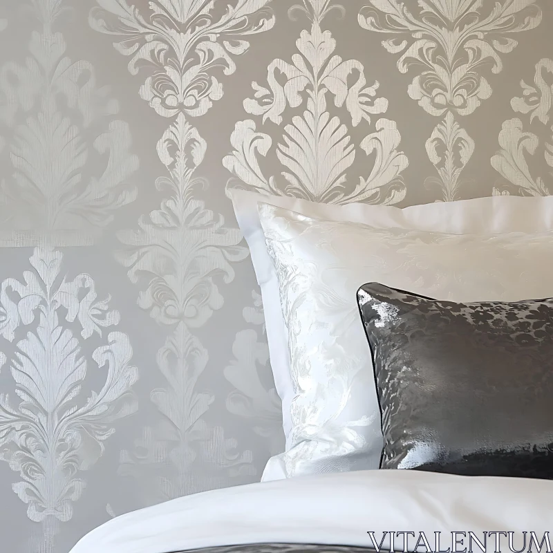 Serene Bedroom with Damask Wallpaper AI Image