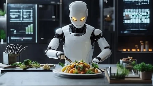 Futuristic Robot Cooking in the Kitchen