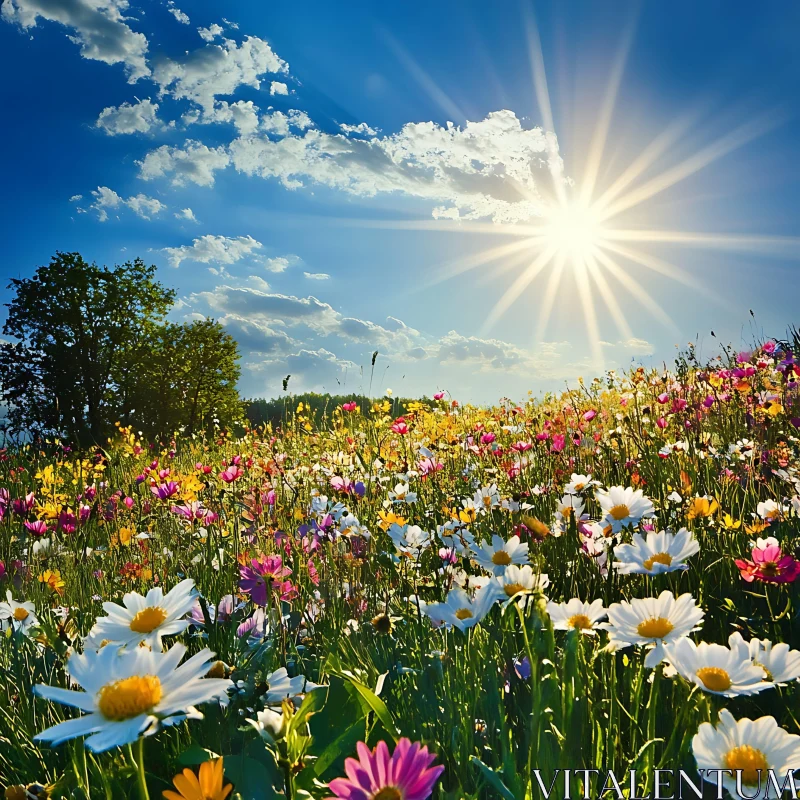 Sunlit Wildflower Field Landscape AI Image