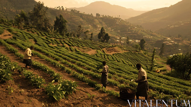 Workers in Tea Fields at Sunset AI Image