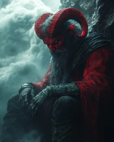 Red-Skinned Horned Demon Contemplating in Gloom