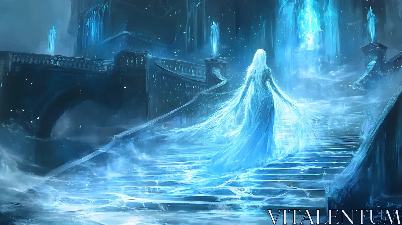 AI ART Frozen Steps: Spectral Woman in Blue