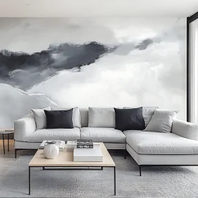 Sleek Living Room Interior with Art Deco Mural