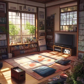 Sunlit Room with Books and Cozy Decor