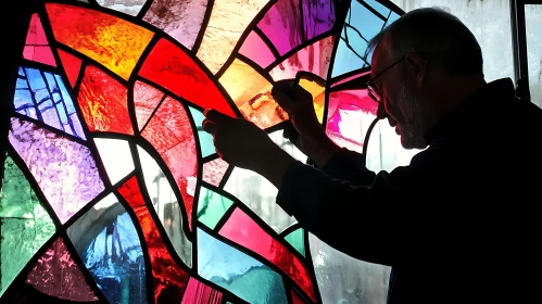 Craftsman Working on Colorful Stained Glass Artwork