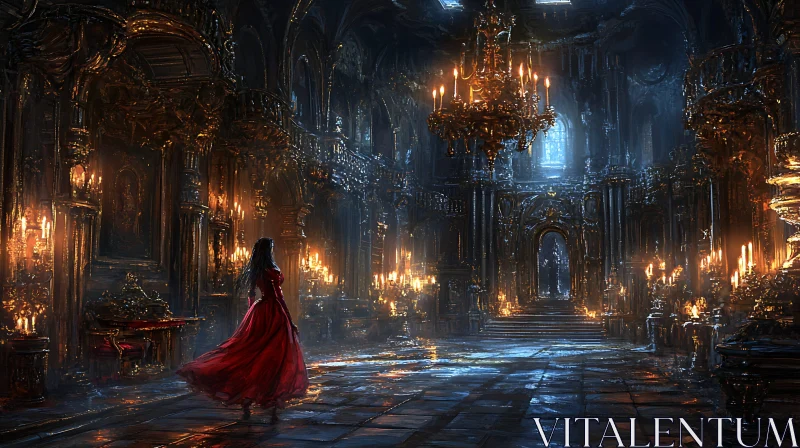 Grand Hall with Chandelier and Red Dress AI Image