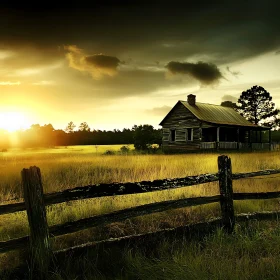 Old House in Field at Sunset