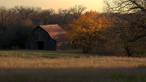 Old Barn in a Field at Sunset