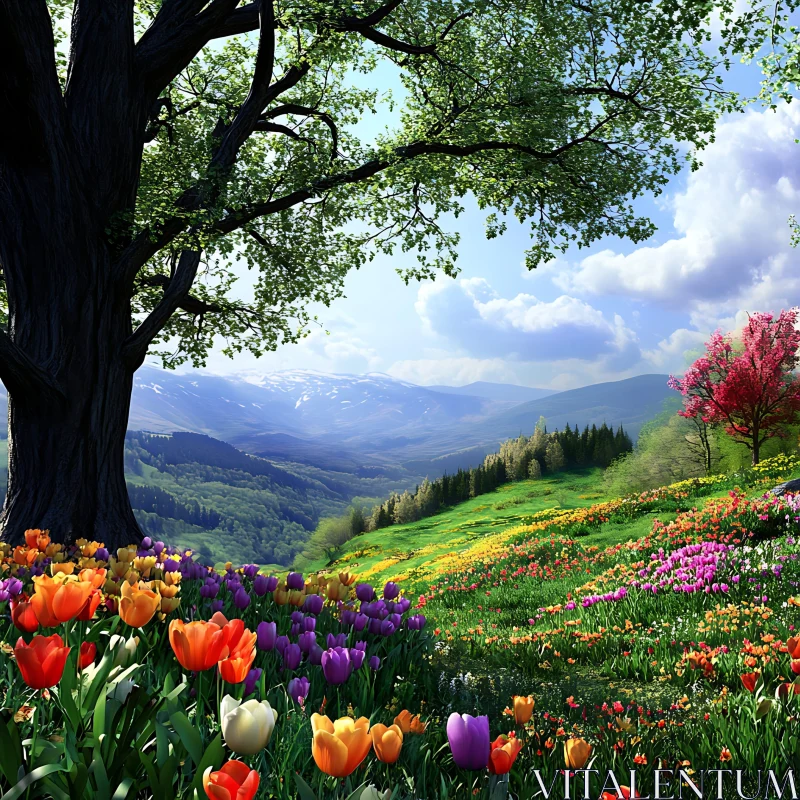 Colorful Tulips Field with Mountain Backdrop AI Image